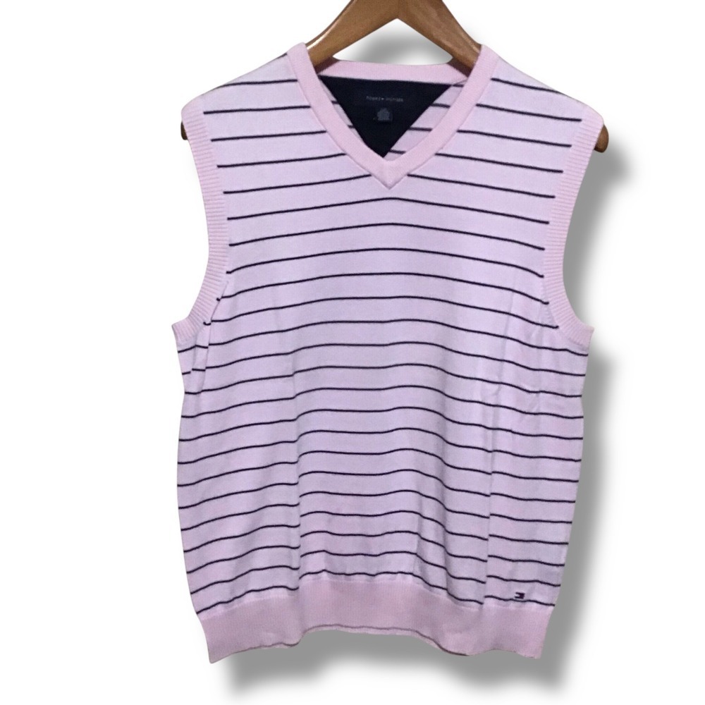 Tommy Hilfiger Mens Pink Navy Striped‎ V Neck Sweater Vest L Cotton Blend